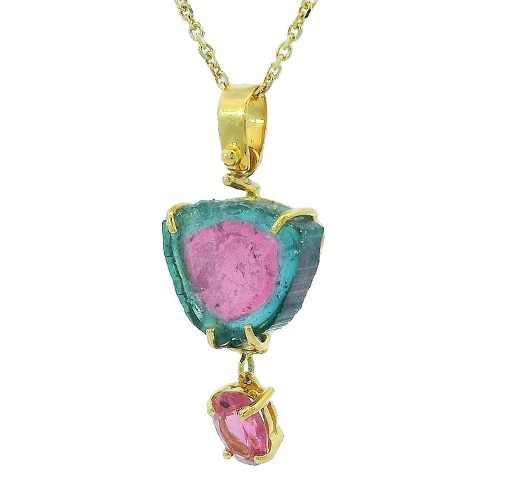 14k Yellow Gold Multi Shape Watermelon Tourmaline Drop Pendant
