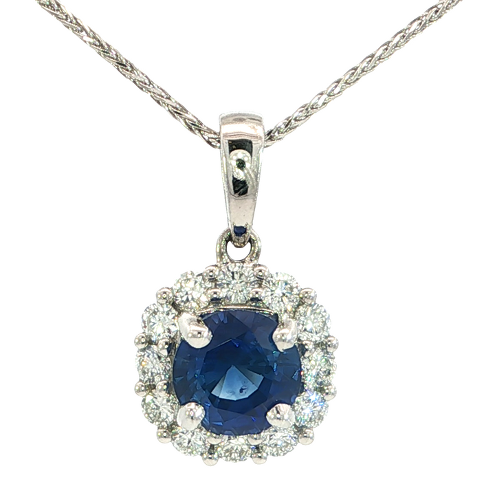 Round Halo Sapphire Pendant, 14k White Gold