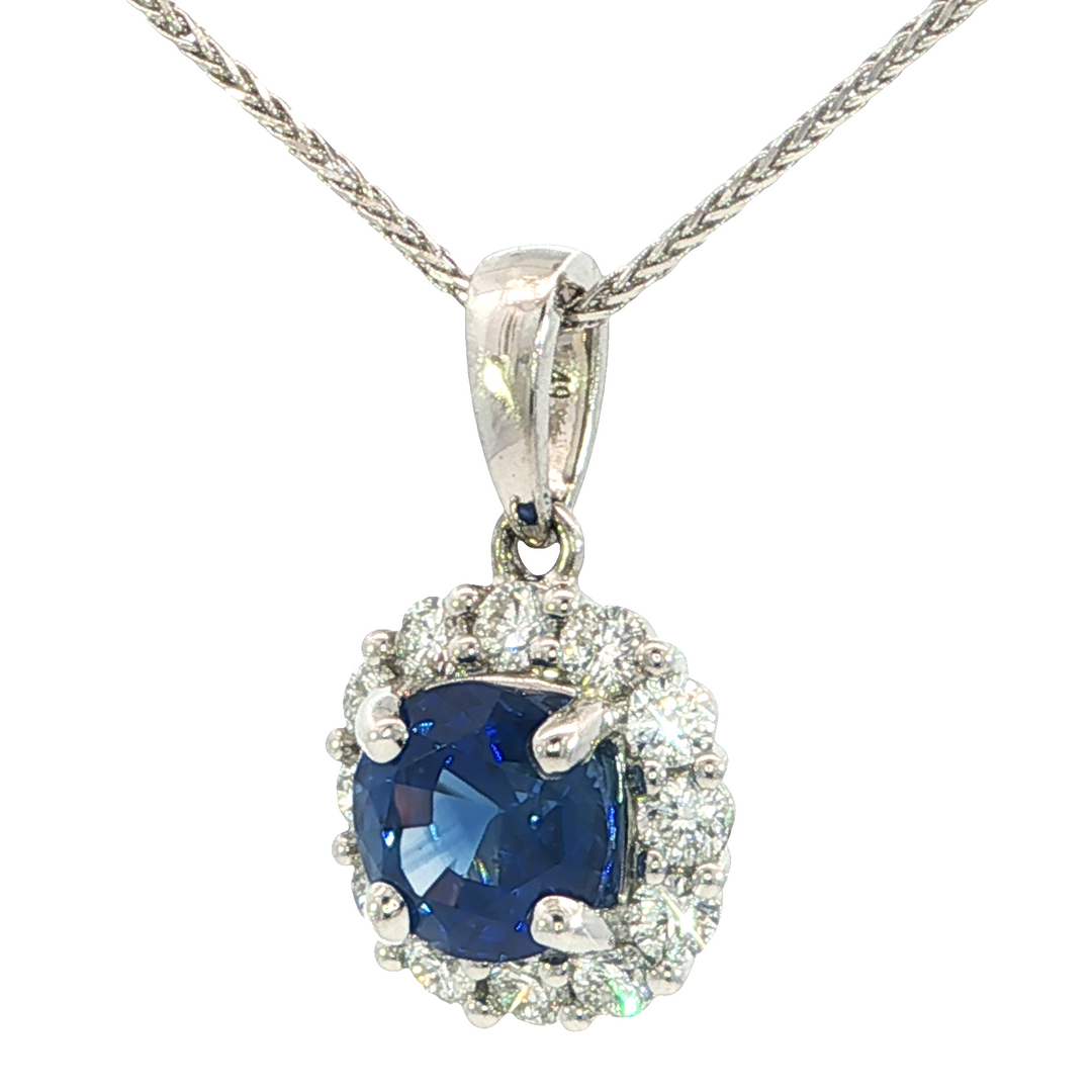 Round Halo Sapphire Pendant, 14k White Gold