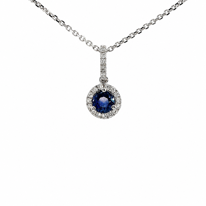 14k White Gold Round Sapphire Halo Diamond Accented Pendant