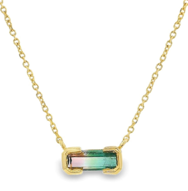 14k Yellow Gold Emerald Cut Watermelon Tourmaline Horizonal Single Gemstone Necklace
