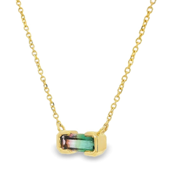 14k Yellow Gold Emerald Cut Watermelon Tourmaline Horizonal Single Gemstone Necklace