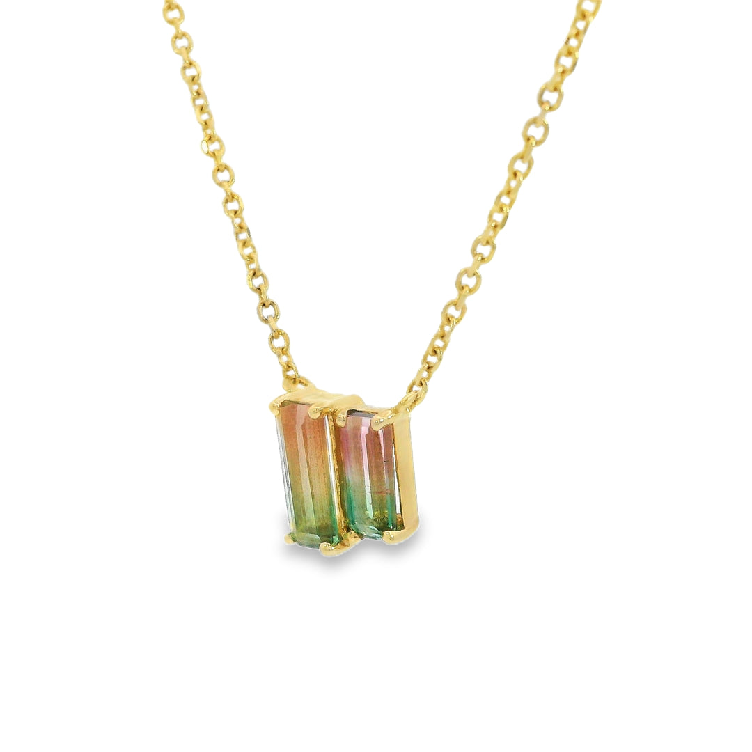 14k Yellow Gold Emerald Cut Watermelon Tourmaline Double Big/Little Centered Multi Gemstone Necklace