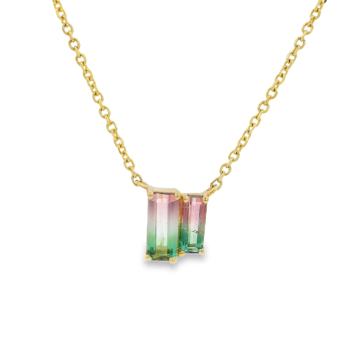 14k Yellow Gold Emerald Cut Watermelon Tourmaline Double Big/Little Centered Multi Gemstone Necklace