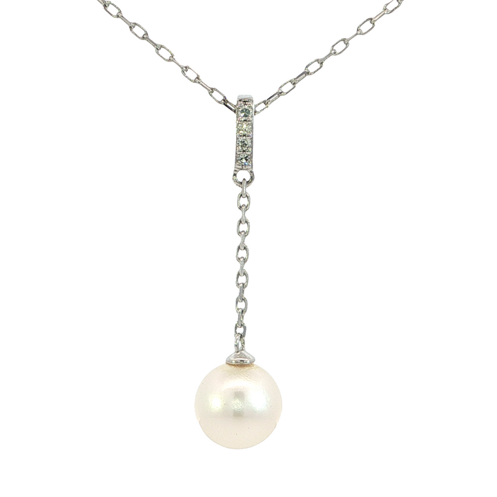 Y-Style Diamond Pearl Necklace, 14k White Gold