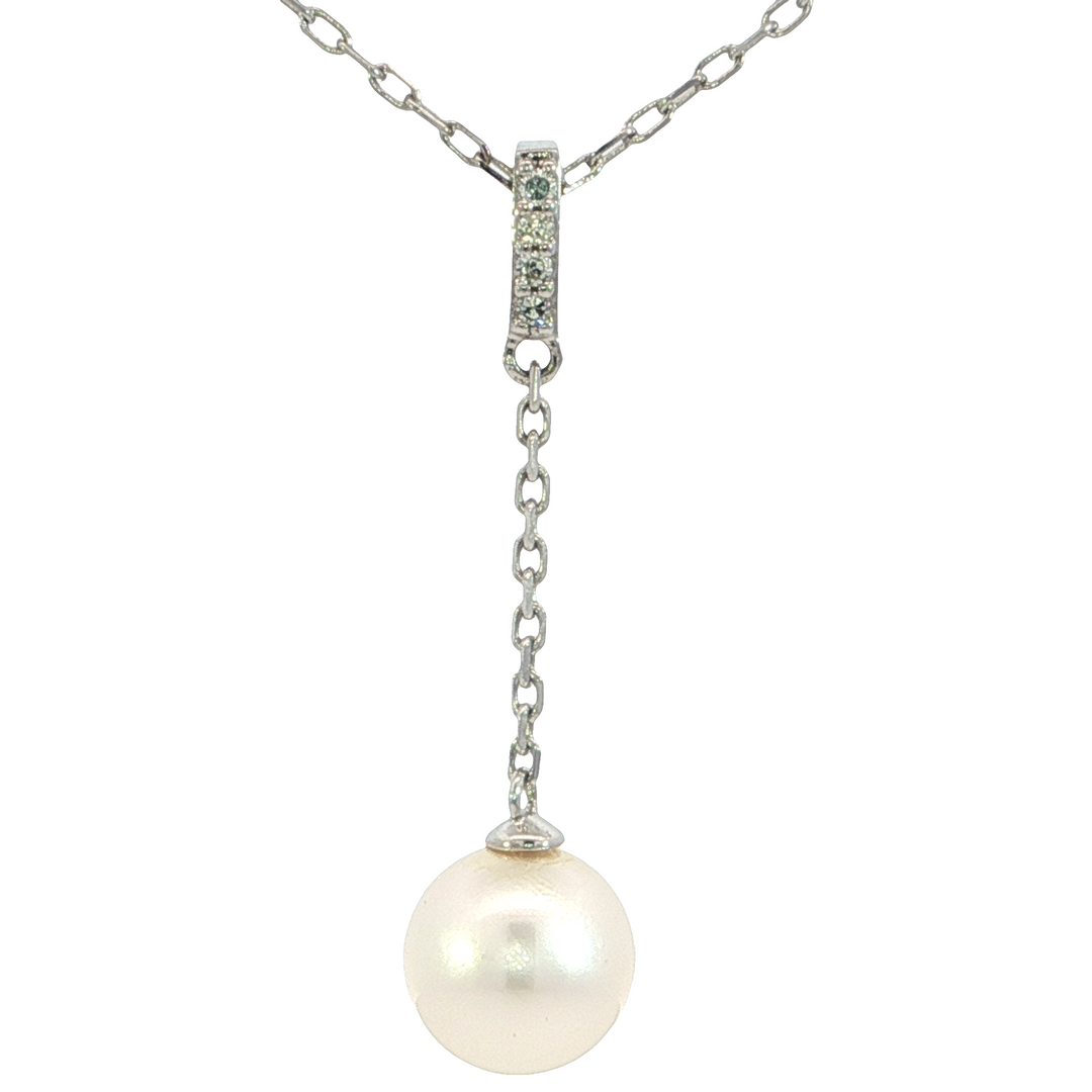 Y-Style Diamond Pearl Necklace, 14k White Gold