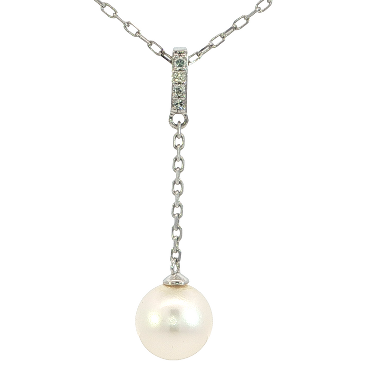 Y-Style Diamond Pearl Necklace, 14k White Gold