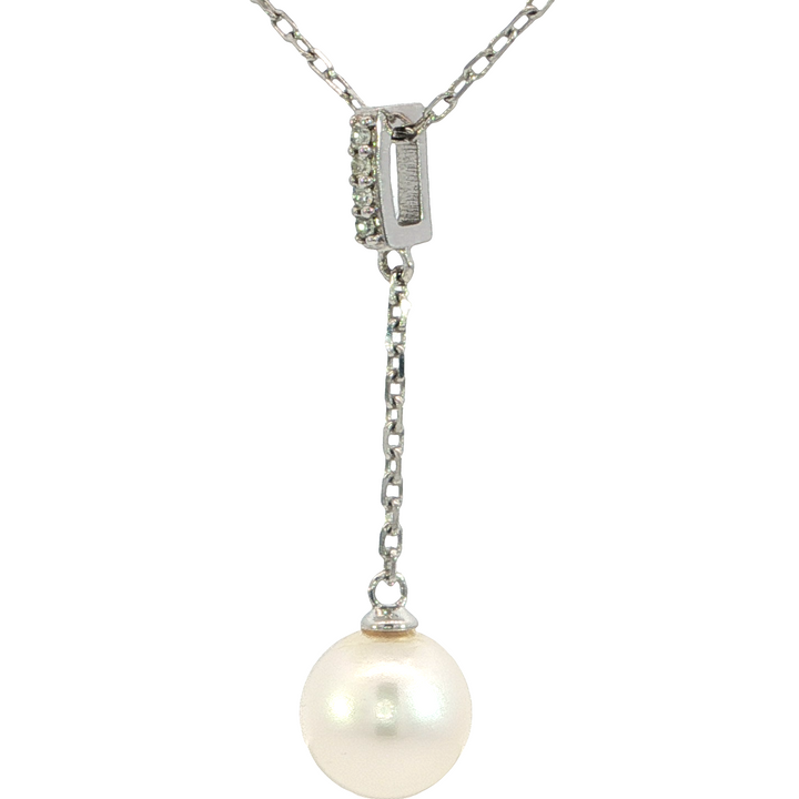 Y-Style Diamond Pearl Necklace, 14k White Gold