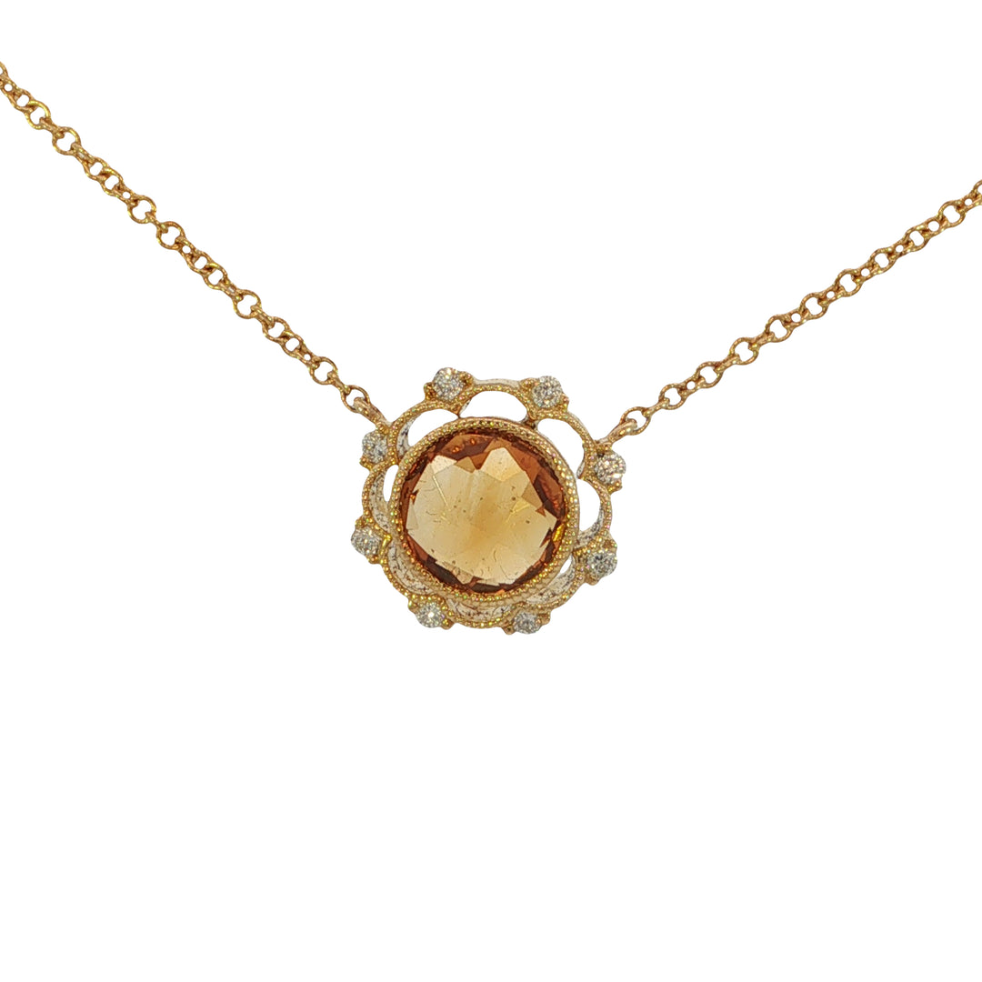 14k Yellow Gold Round Citrine Diamond Accented Chain Attached Necklace