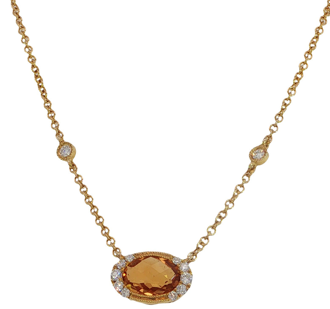 14k Yellow Gold Oval Citrine Diamond Accented Chain Attached Necklace
