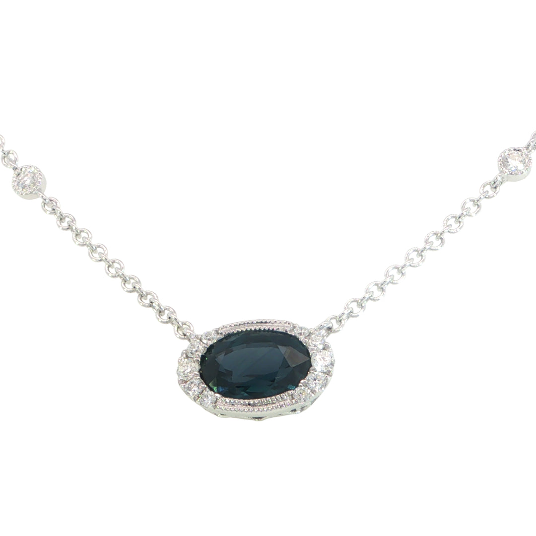 14k White Gold Oval Sapphire Chain Attached Necklace