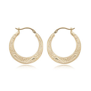 Floral Hoop .9 x .85 inch Earrings 14k Yellow Gold Engraved