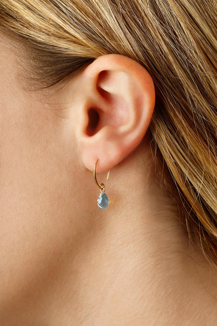 Simple Sweep 14k Yellow Gold Briolette Swiss Blue Topaz Drop Earrings