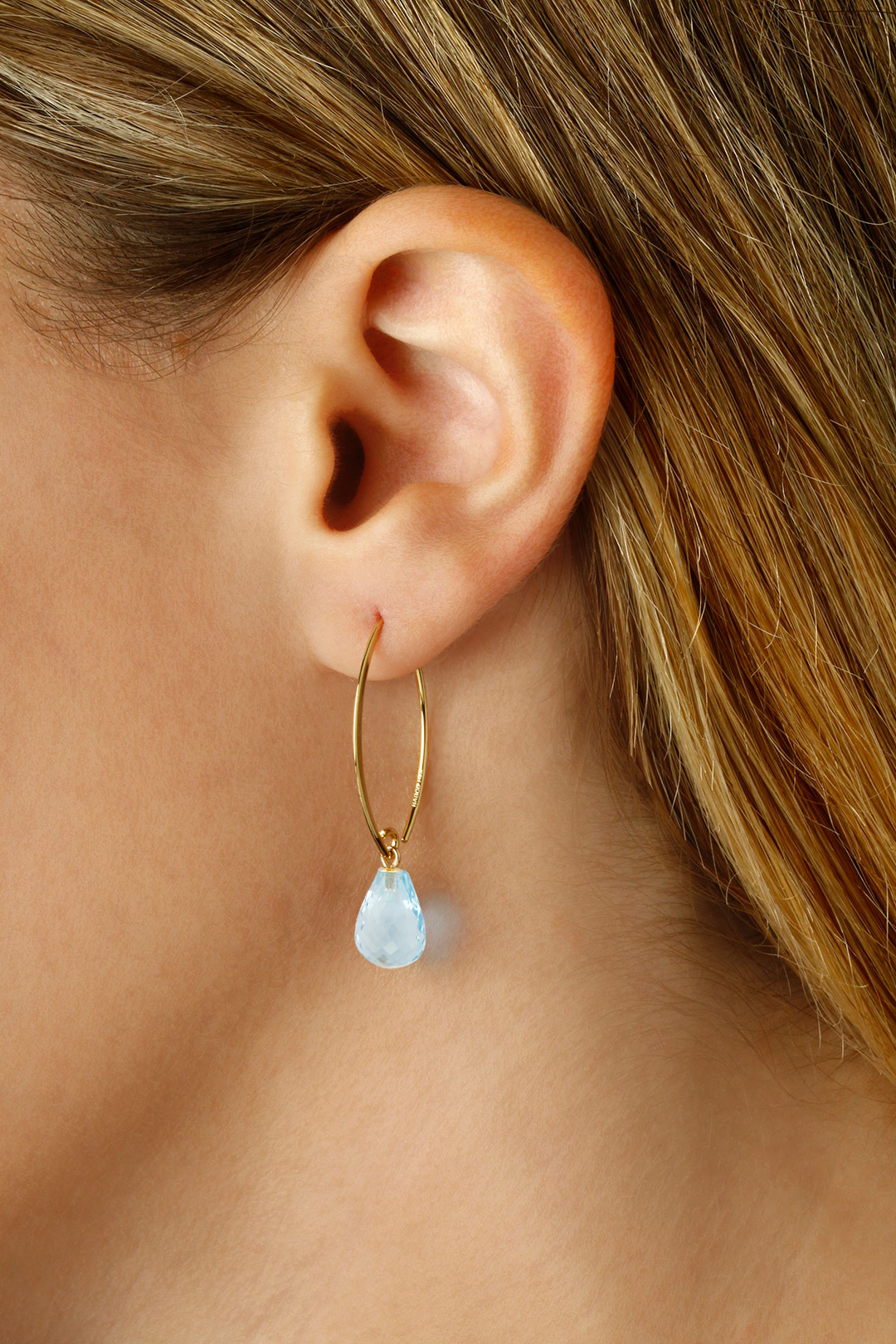 Simple Sweep 14k Yellow Gold Briolette Swiss Blue Topaz Simple Sweep Earrings