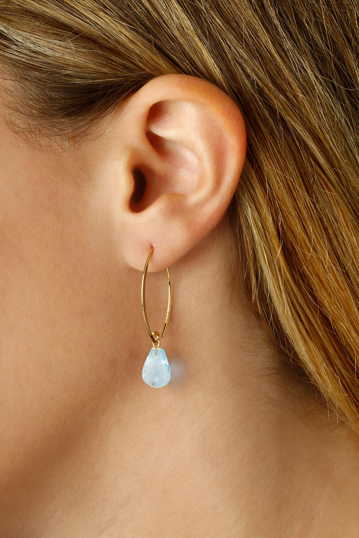 Simple Sweep 14k Yellow Gold Briolette Swiss Blue Topaz Simple Sweep Earrings