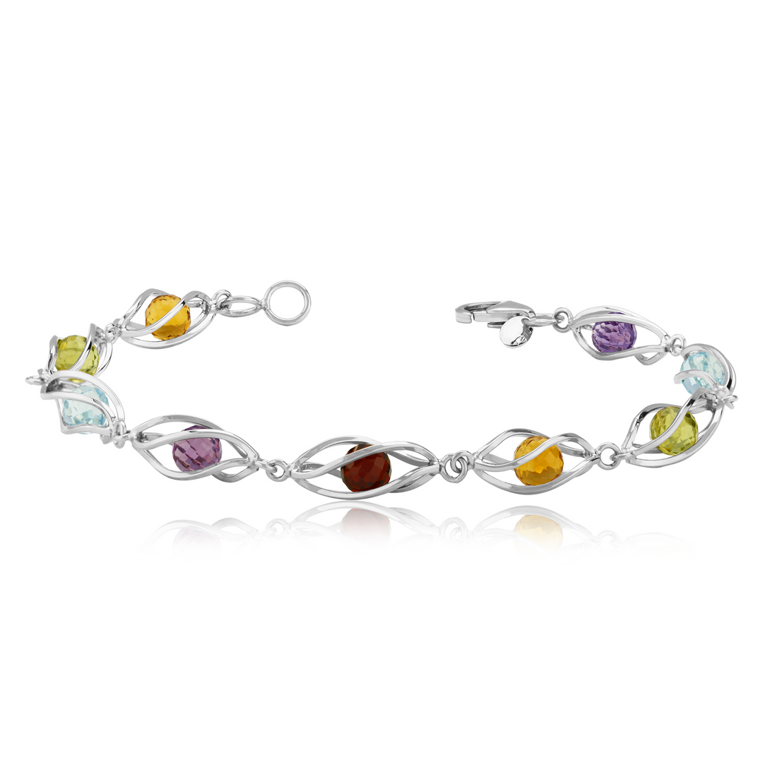 Sterling Silver Bead Multi Gemstone Fancy Link Bracelet