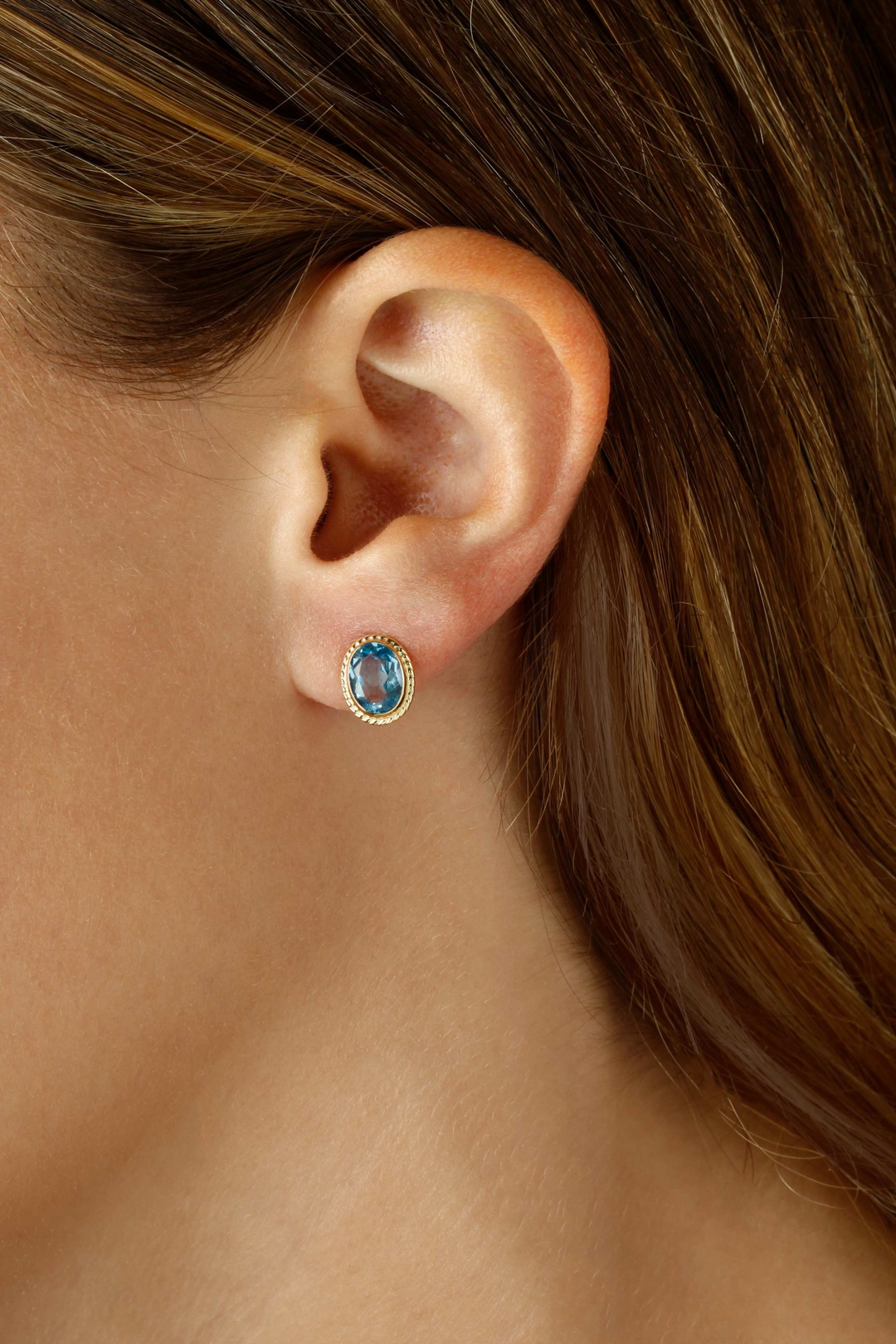 14k Yellow Gold Oval Swiss Blue Topaz Stud Earrings