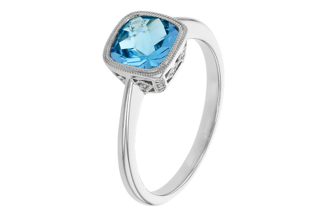 14k White Gold Cushion Swiss Blue Topaz Contemporary Ring
