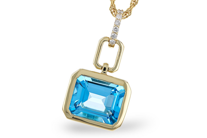 14k Yellow Gold Emerald Cut Swiss Blue Topaz Drop Bezel Set Pendant