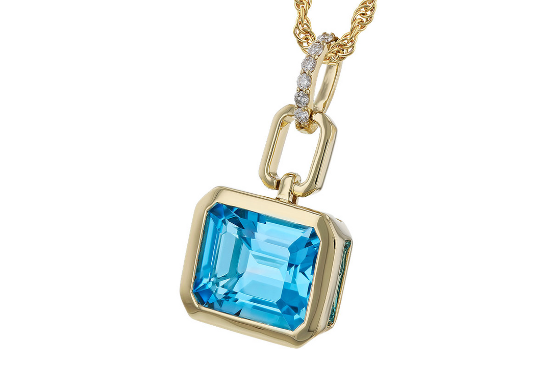 14k Yellow Gold Emerald Cut Swiss Blue Topaz Drop Bezel Set Pendant