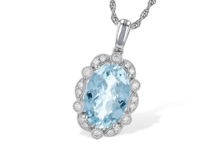 14k White Gold Oval Aquamarine Halo Pendant