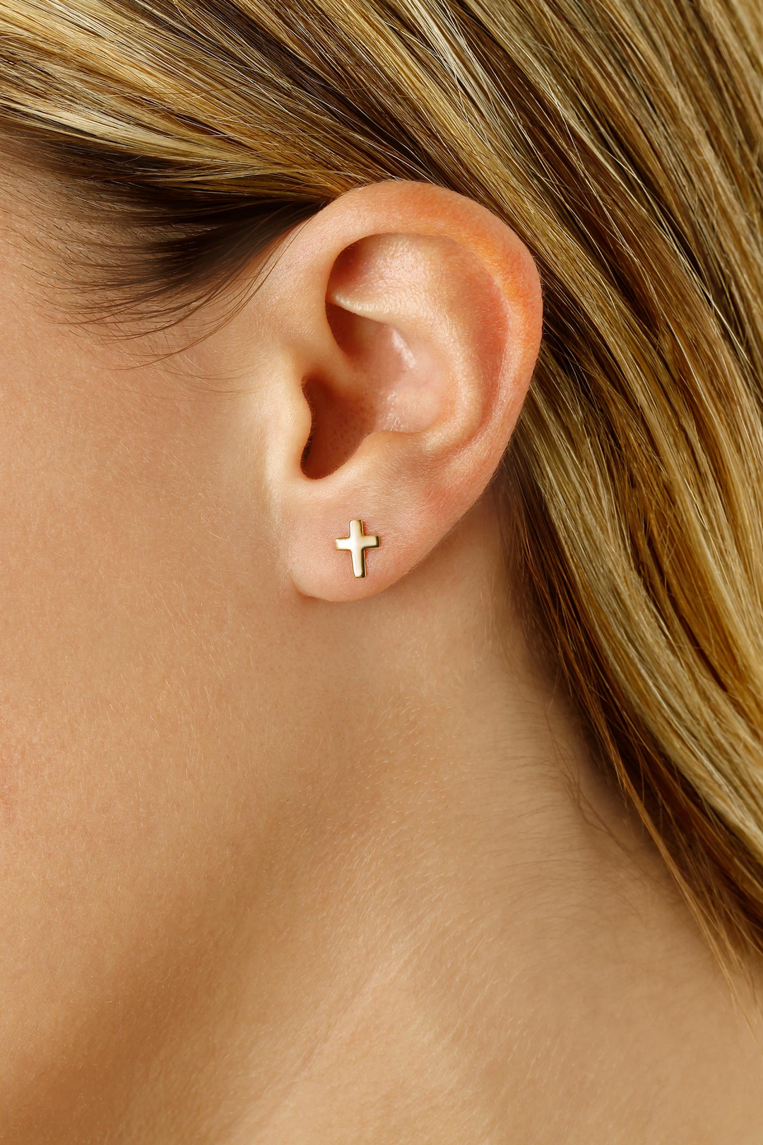 Flat Cross Post Earrings, 14k Yellow Gold