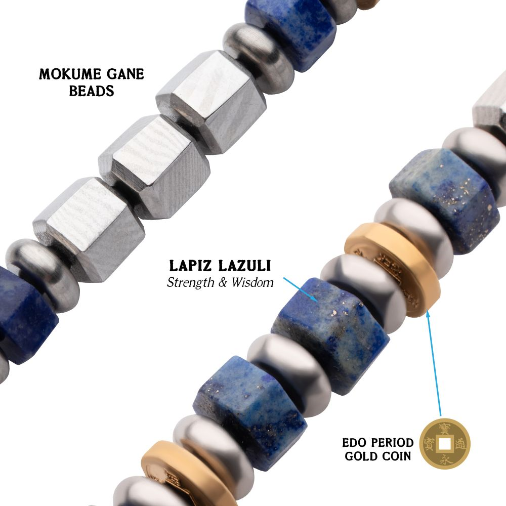 8mm Mokume, Lapis  Bushido Strength & Wisdom Bracelet.