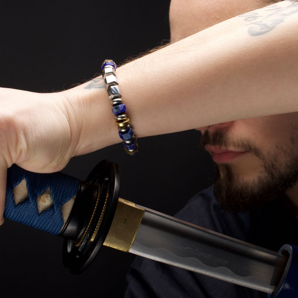 8mm Mokume, Lapis  Bushido Strength & Wisdom Bracelet.