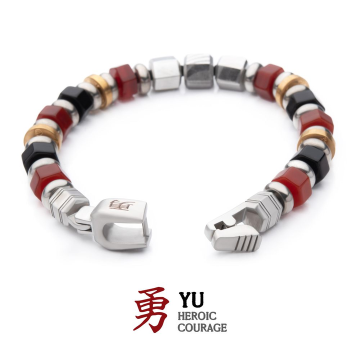 Mokume , Red Agate, Onyx Bushido Balance & Focus Bracelet 7.75 inch