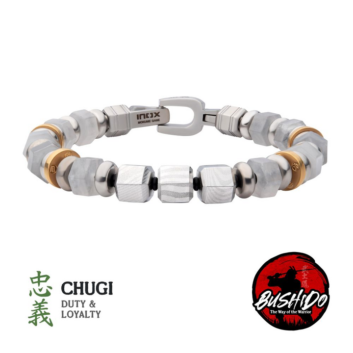 8mm Mokume & Quartz Bushido Duty & Loyalty Bracelet 7.75 inch