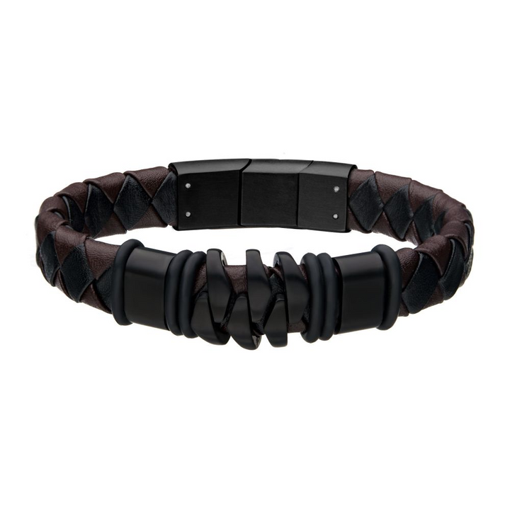 Stainless Steel and Black Plated Brown Leather Bohemian Bracelet