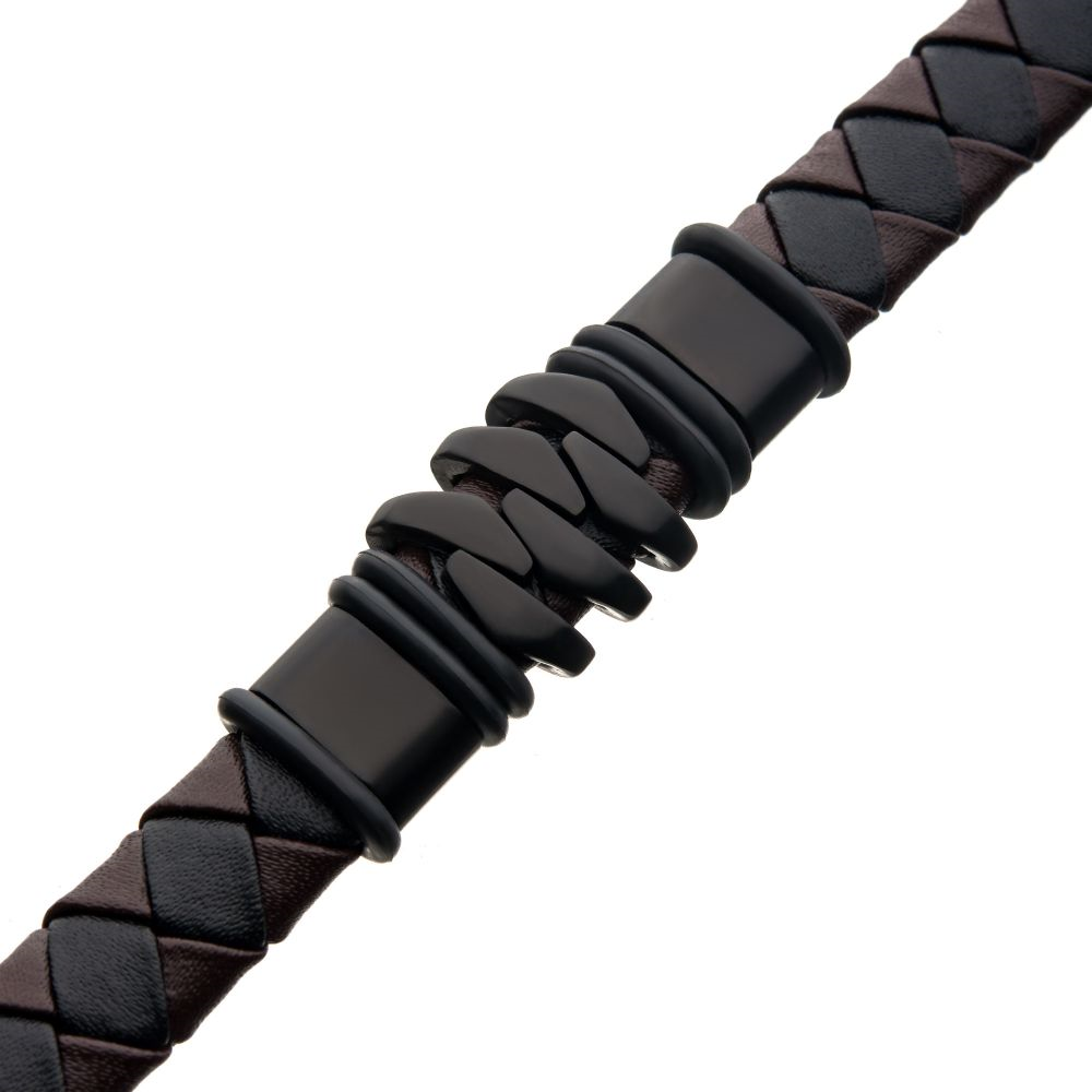 Stainless Steel and Black Plated Brown Leather Bohemian Bracelet