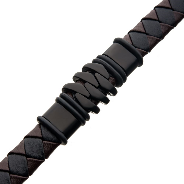 Stainless Steel and Black Plated Brown Leather Bohemian Bracelet