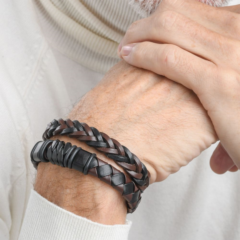 Stainless Steel and Black Plated Brown Leather Bohemian Bracelet