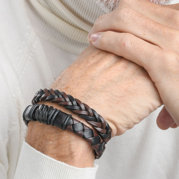 Stainless Steel and Black Plated Brown Leather Bohemian Bracelet
