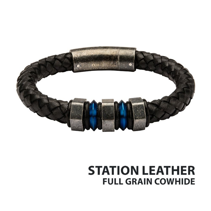 Black Braided Leather Steel Blue Plated Gray Beads Bracelet