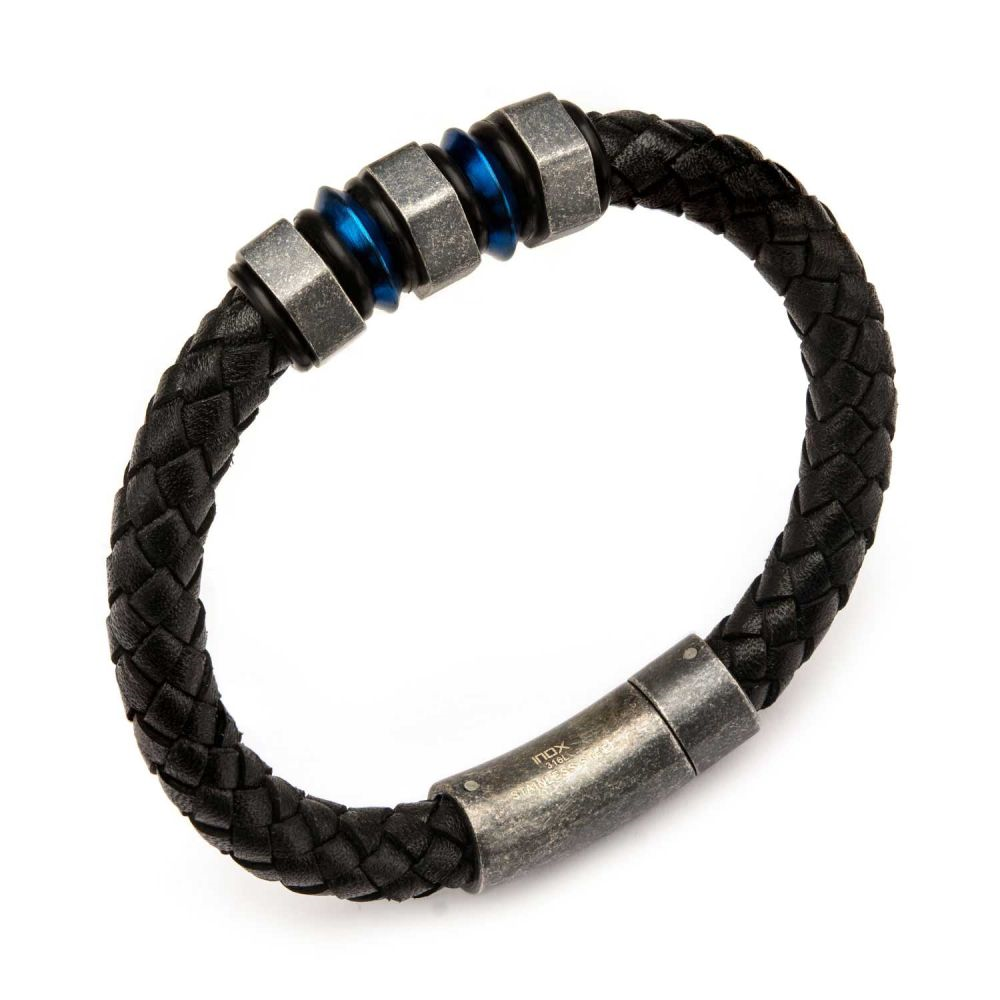 Black Braided Leather Steel Blue Plated Gray Beads Bracelet