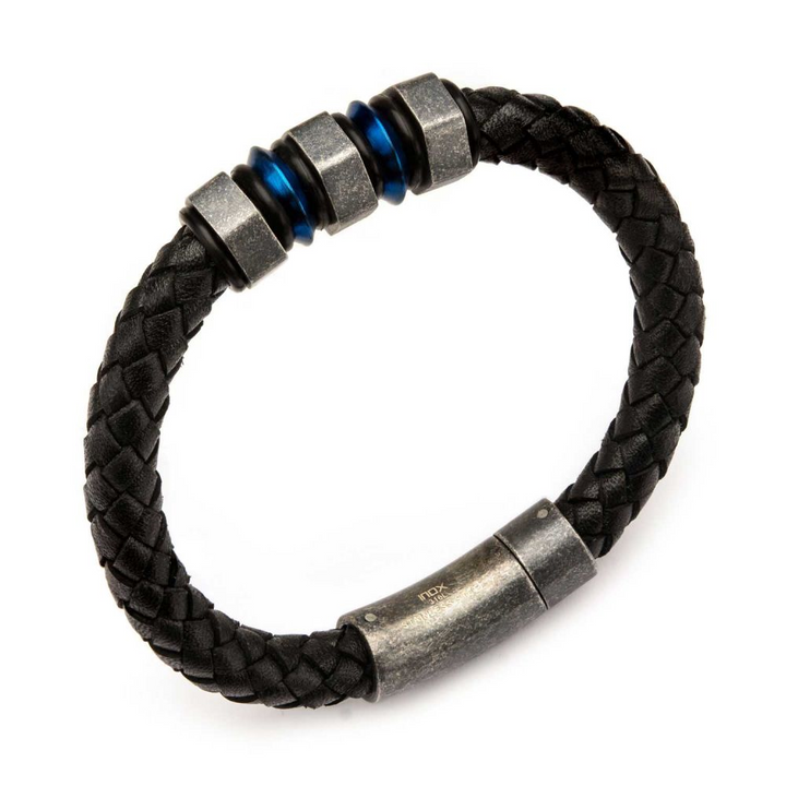 Black Braided Leather Steel Blue Plated Gray Beads Bracelet