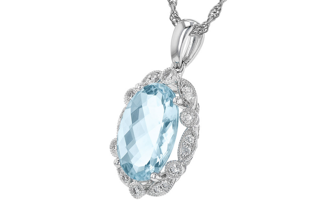 14k White Gold Oval Aquamarine Halo Pendant