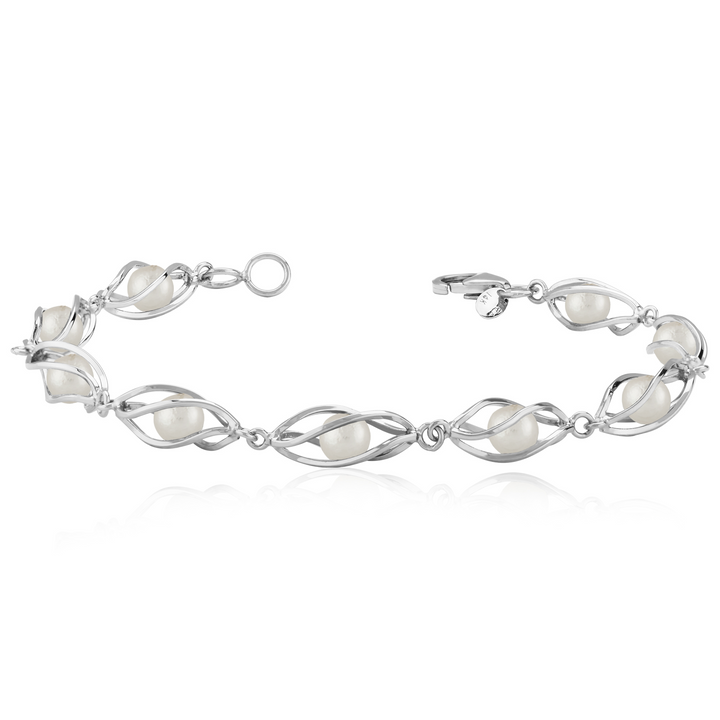 7.4 inch Fancy Link Cage 4.0-4.5mm Freshwater Pearl Bracelet Sterling Silver White Gold
