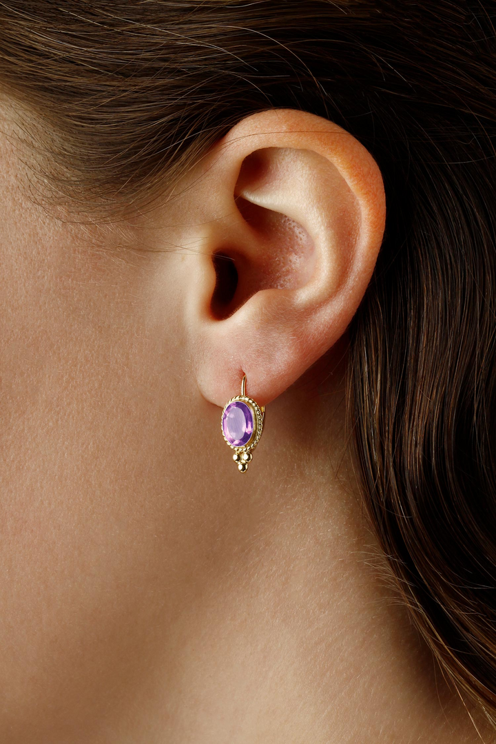 Bezel Set with Rope Border 14k Yellow Gold Oval Amethyst Leverback Earrings