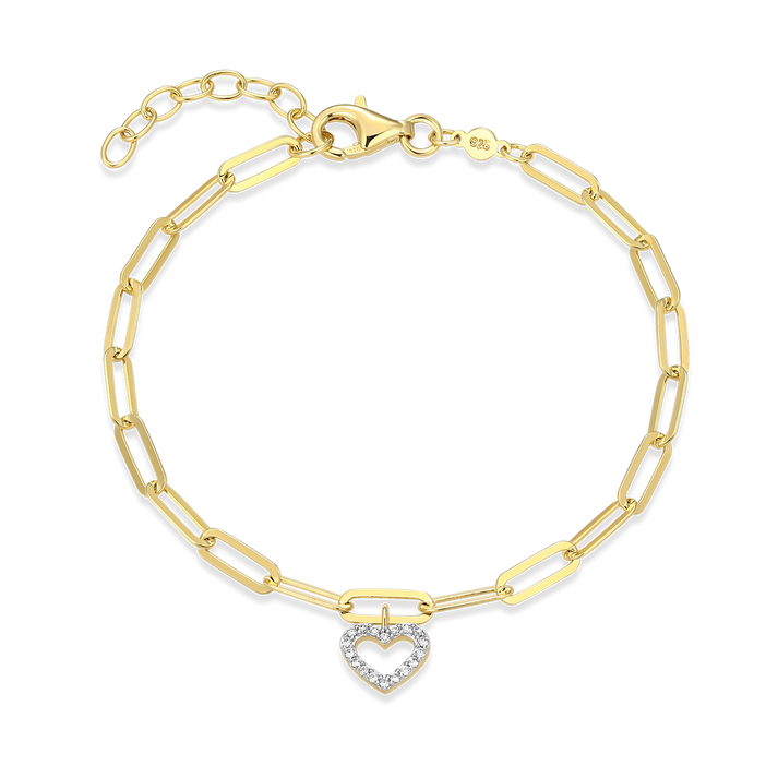 Paperclip Heart Charm Sterling & 14k Yellow Gold Lab Grown Diamond Bracelet