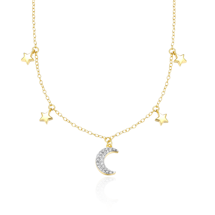 Dangling Moon and Stars Sterling & 14k Yellow Gold Plated Lab Grown Diamond Pendant