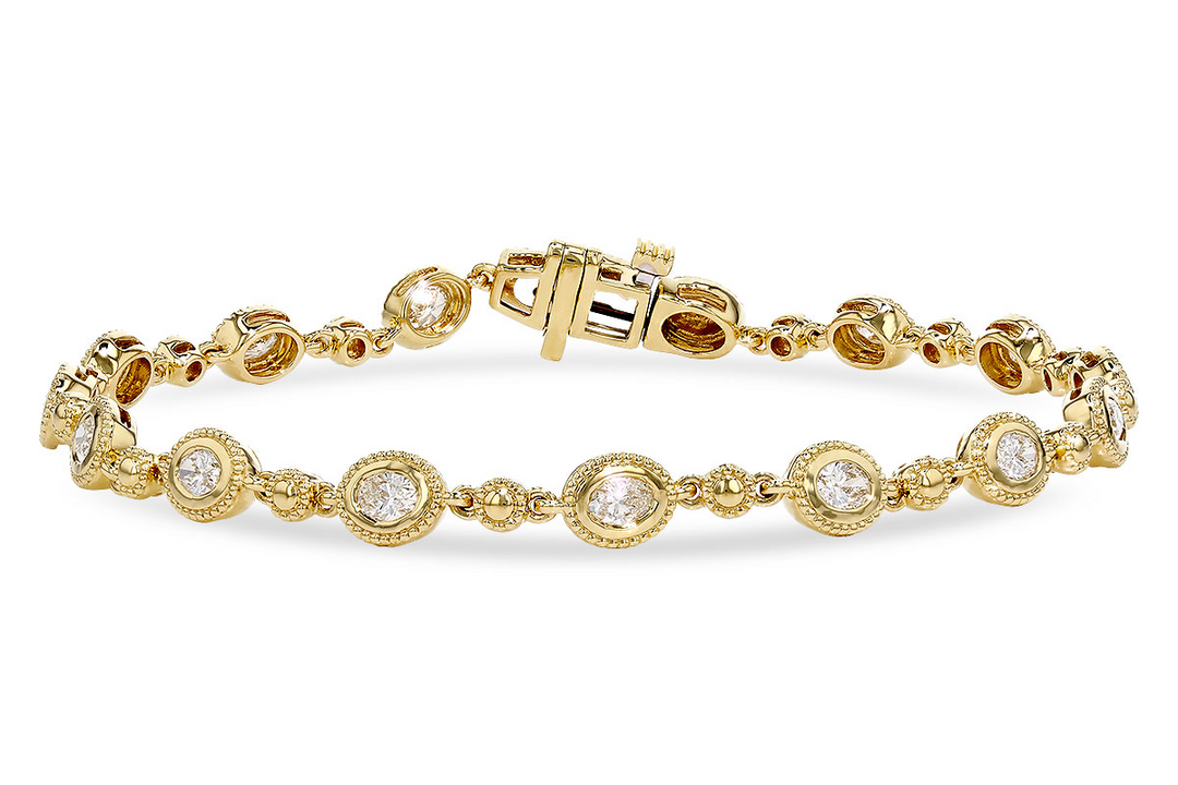 14k Yellow Gold Fancy Link 1.25ct Total Oval Bezel and Alternating Bead Diamond Bracelet