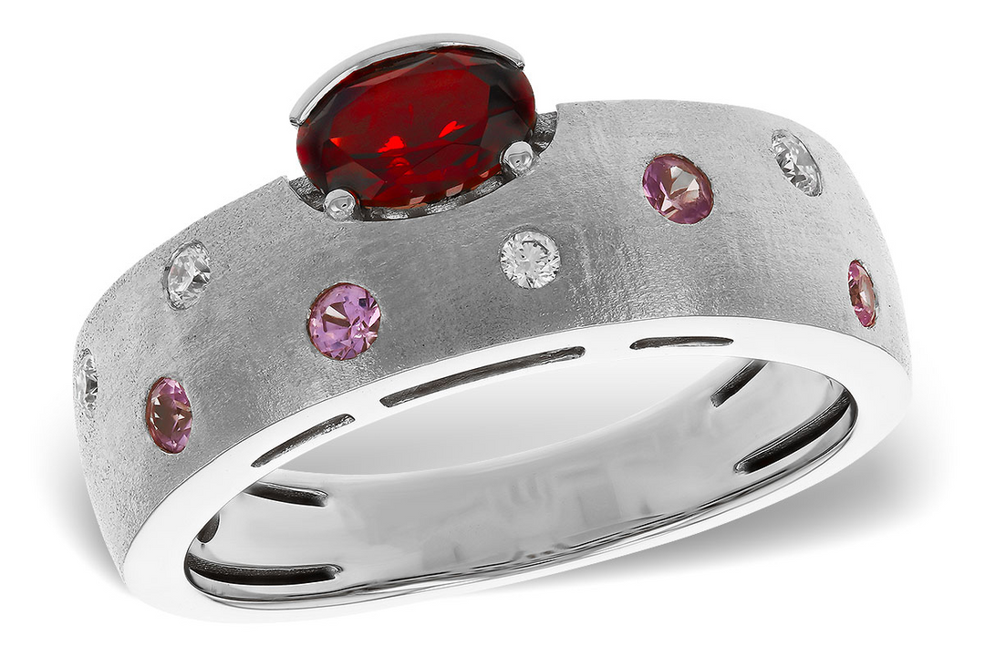 14k White Gold Multi Shape Multi Gemstone Contemporary Offset Garnet with inlay pink sapphires and diamonds Ring