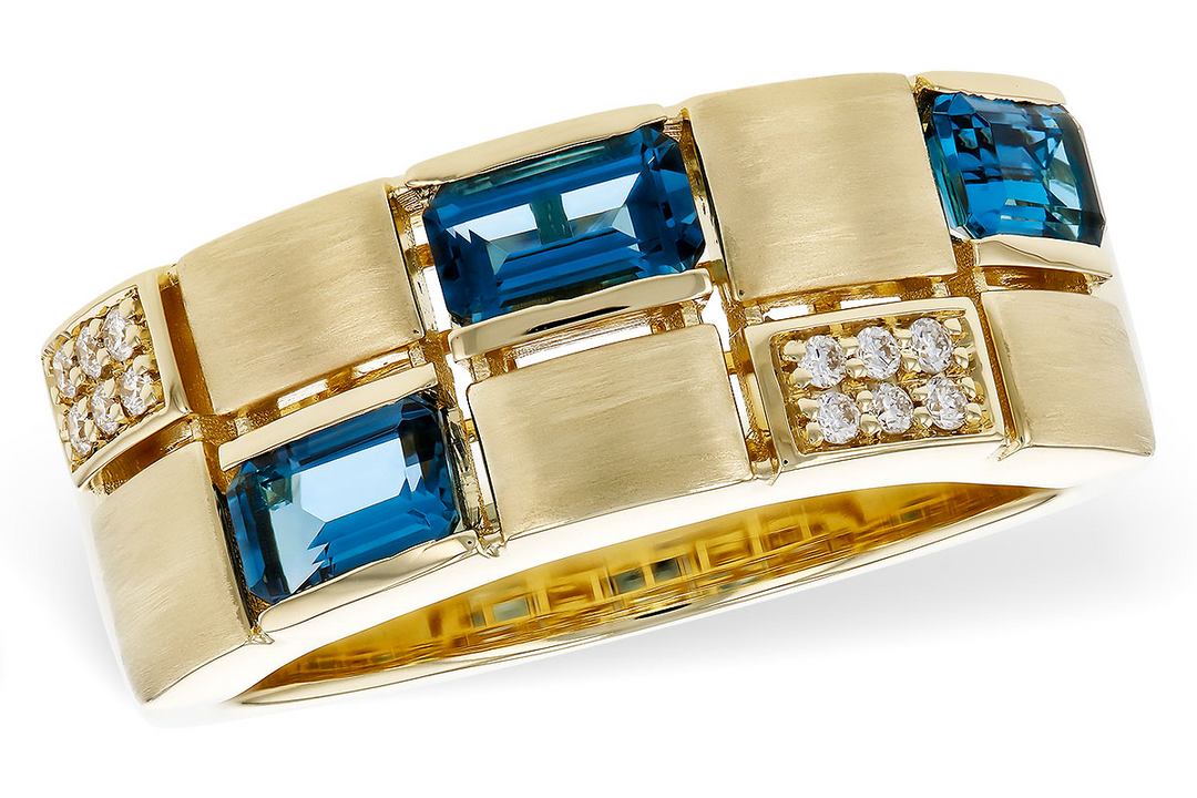Checker Board Pattern 14k Yellow Gold Emerald Cut London Blue Topaz Geometric Ring