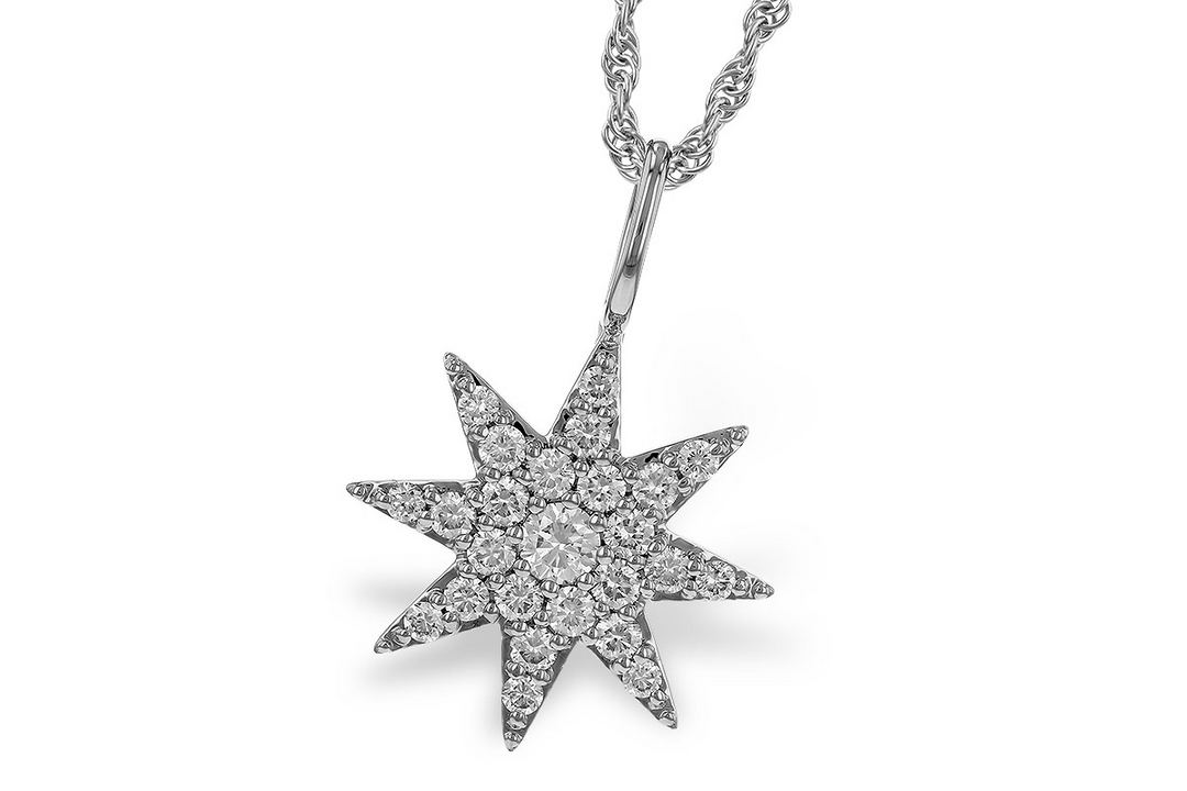 8 Pointed Star Drop Diamond Necklace .48ct 14k White Gold