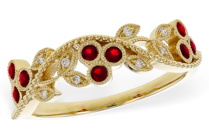 14k Yellow Gold Round Ruby Flower leaf pattern Ring