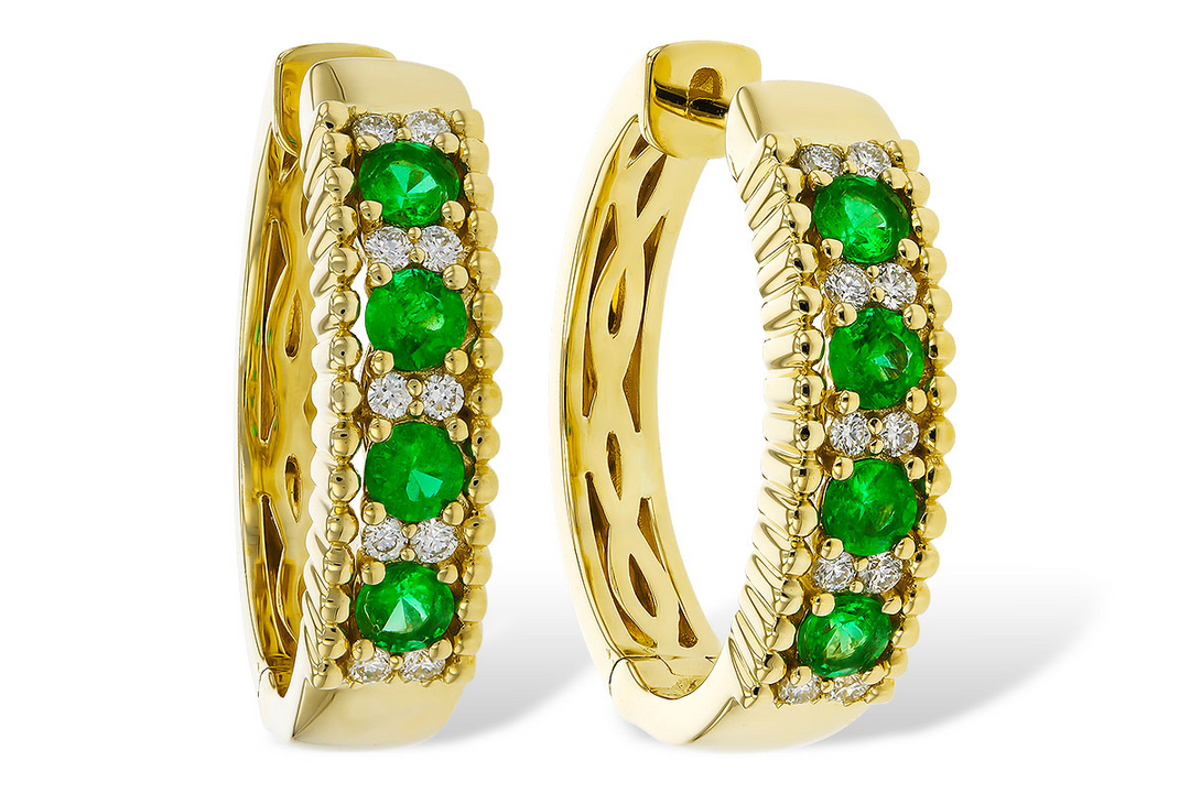 Alternating Diamonds 14k Yellow Gold Round Emerald Hoop Earrings