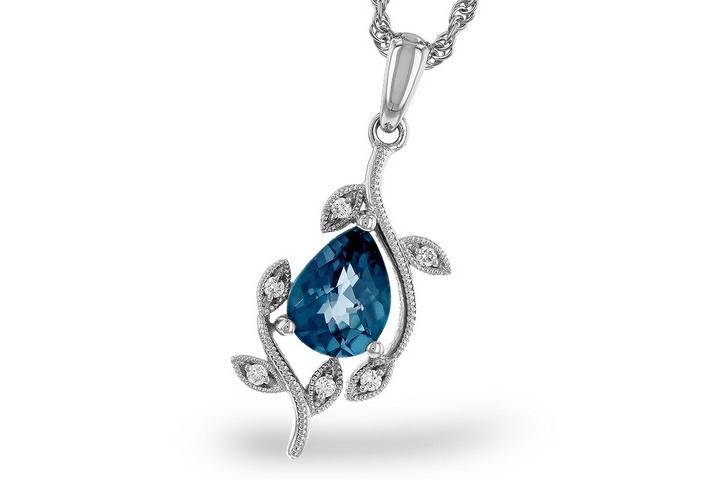 14k White Gold Pear London Blue Topaz Nature Inspired 6 Diamond Leaf Pendant